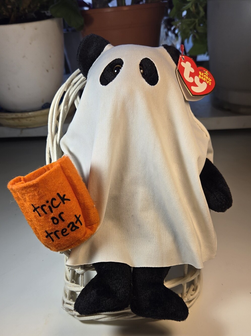 TY Beanie Babies Shudder the Bear Plush in White Ghost Costume